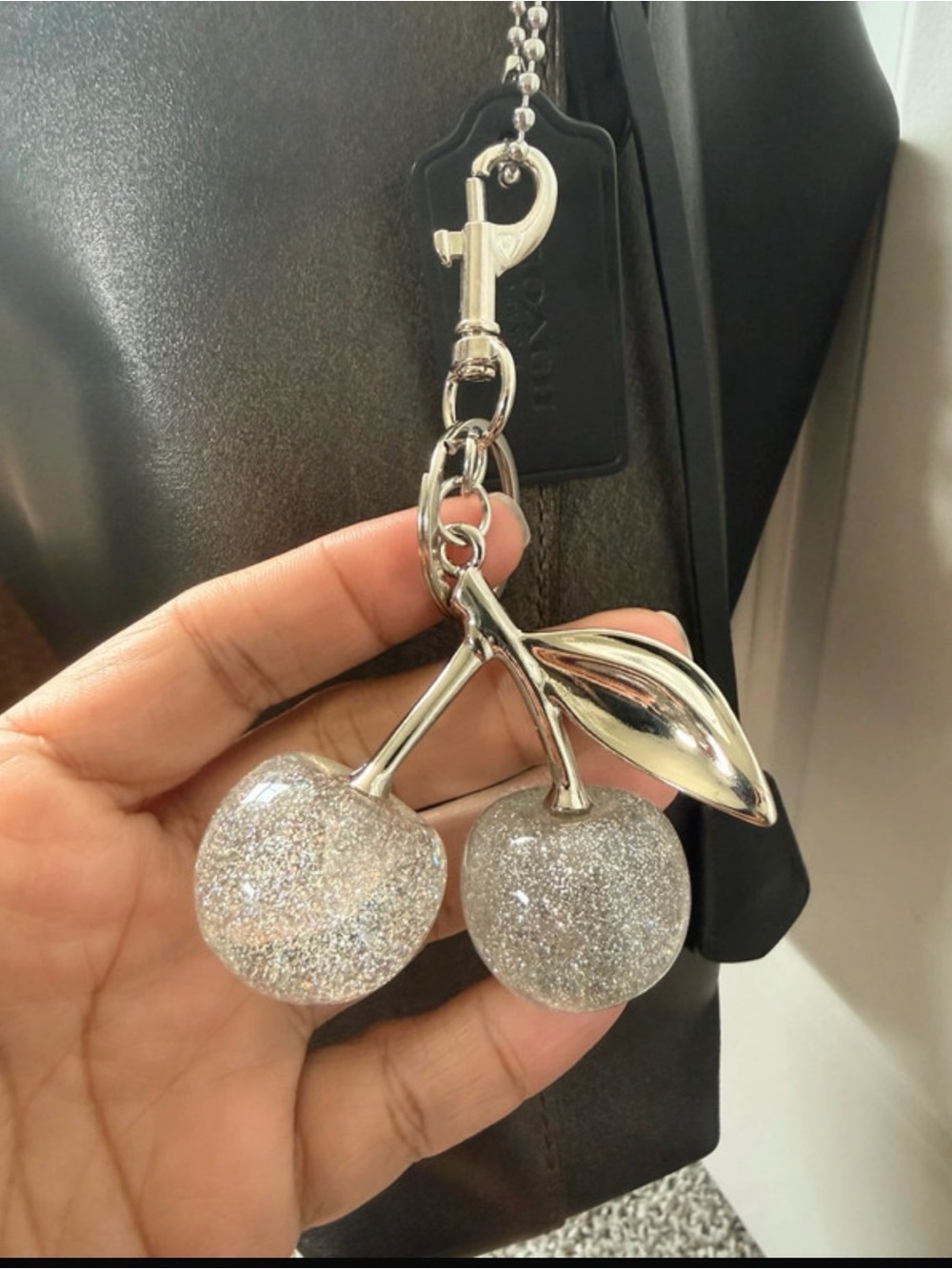 Sparkling Cherry Keychain Bag Charm - Silver Glitter - Picture 4 of 5